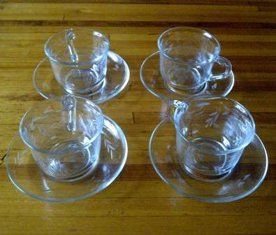 Four Vintage Arcoroc France Cups & Saucers with Etched Detail
