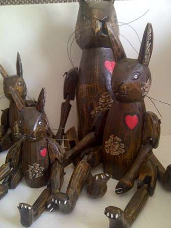 Mama, Pappa and Two Baby Wooden Rabbits with Movable Joints