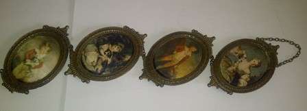 Group of Four Art on Silk in Metal Ornate Frames (Please see Close-up Images)