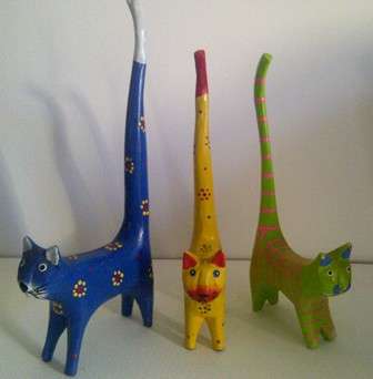 Three Colourful Wooden Cats (Postage R25)