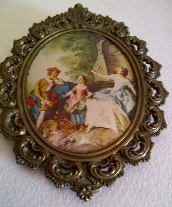 Decorative Art on Silk in Decorative Metal Frame - 13cm x 10cm
