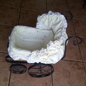 Vintage Style Metal Pram with Reed Basket & Laced Material