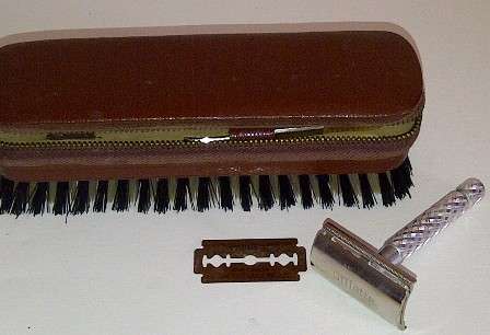 Leather Holder with Brush - Contains Old Gillette Razor, Blade & Tweezers
