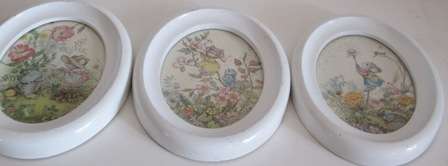 Set of Three Vintage Pictures in Wooden Oval Frames & Glass