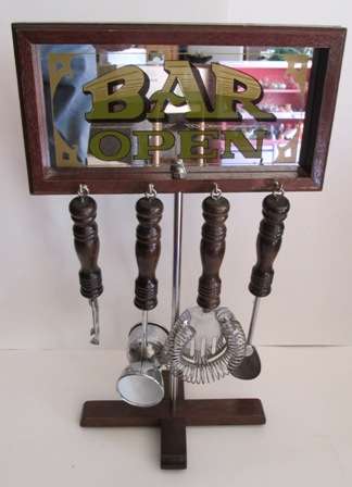 Small Bar Mirror & Tools on Wooden Stand