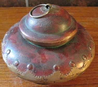 Unusual Circular Wooden Container with Brass Inlays