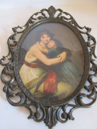 Medium Size Victorian Print in Ornate Metal Frame & Glass