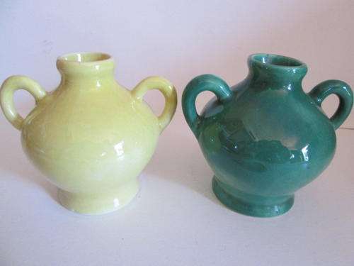 Pair of Small Lucia Type Vases  - Green & Yellow