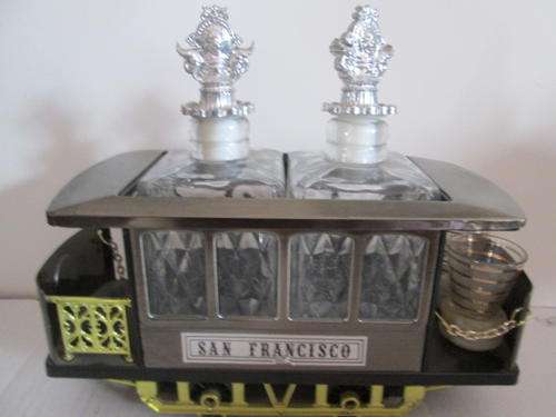 Decorative Metal & Plastic Tram Design Holder with Two Decanters