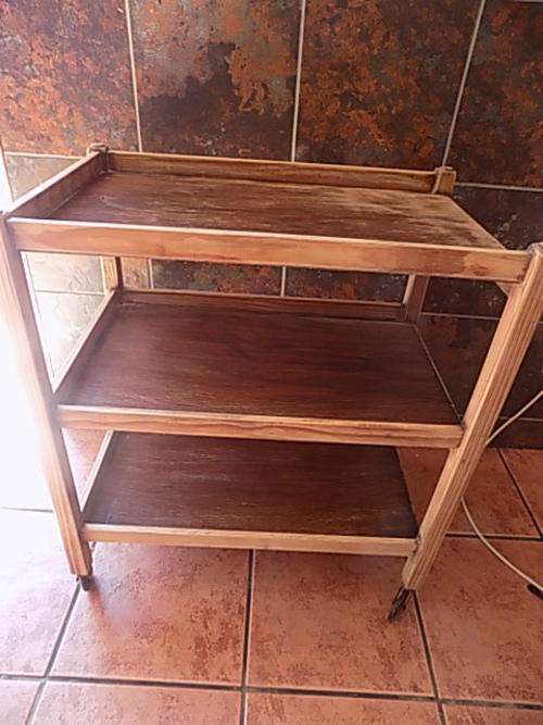 Vintage Semi Sanded Wooden Tea Trolley with Metal & Rubber Castors