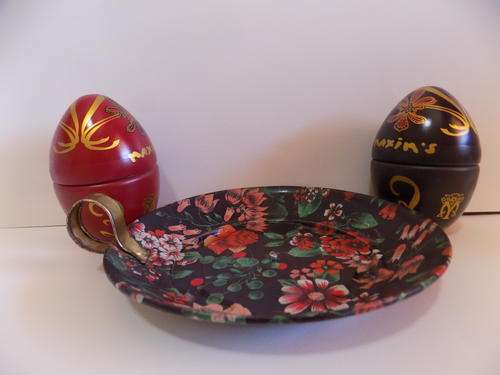 Two Egg Shaped Tins & Candle Holder
