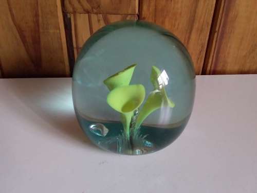 Solid Glass Paperweight with Tulips Theme - Has chip on side of bottom