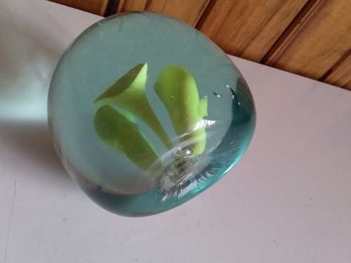 Solid Glass Paperweight with Tulips Theme - Has chip on side of bottom