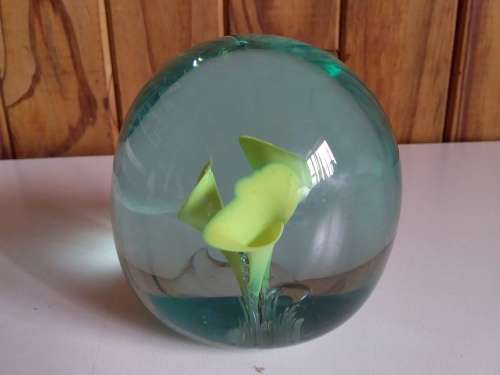 Solid Glass Paperweight with Tulips Theme - Has chip on side of bottom