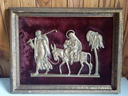 Vintage Framed Brass 2D Impression of Joseph Leading Mule with Mary and Child