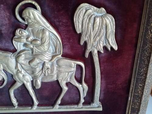 Vintage Framed Brass 2D Impression of Joseph Leading Mule with Mary and Child