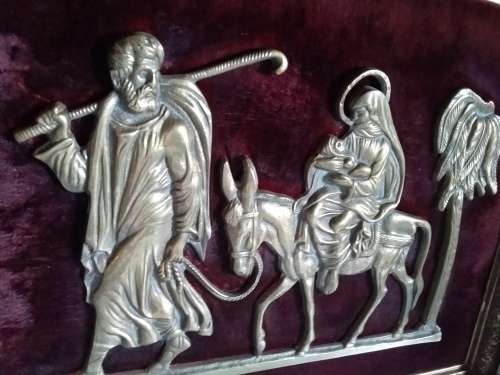 Vintage Framed Brass 2D Impression of Joseph Leading Mule with Mary and Child