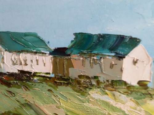 Large Square Sea Cottages by Lagoon Thick Oil Painting - Collection Only