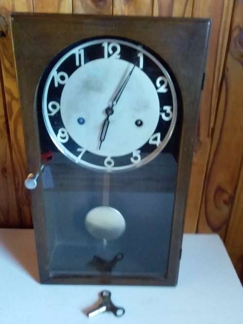Vintage Pendulum Clock in Wood and Glass Cabinet