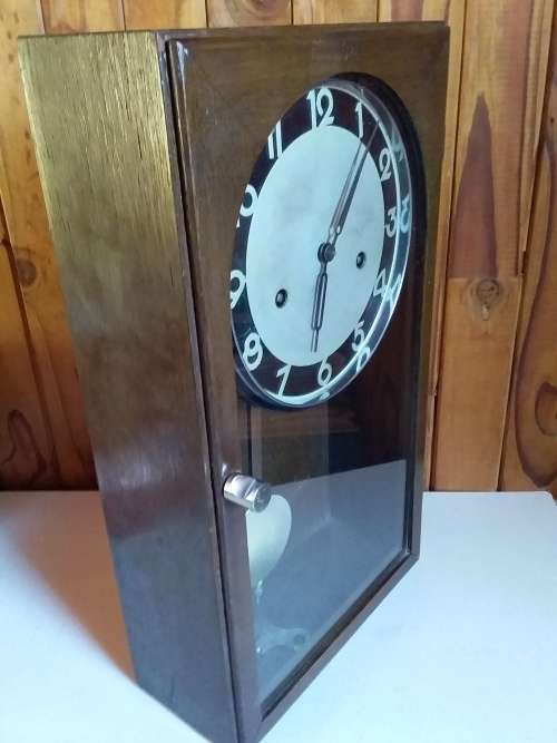 Vintage Pendulum Clock in Wood and Glass Cabinet