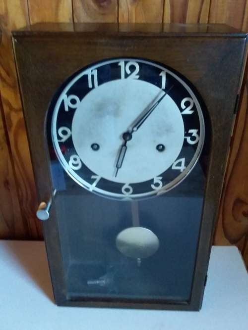 Vintage Pendulum Clock in Wood and Glass Cabinet