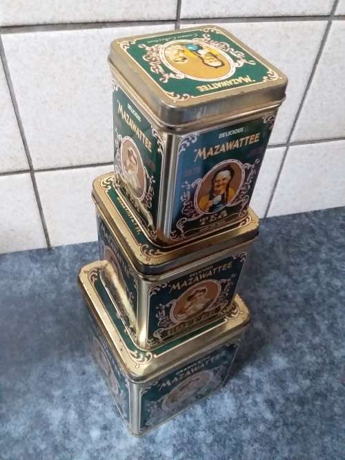 Set of Three Mazawattee Bilingual Tins - Coffee, Tea and Sugar