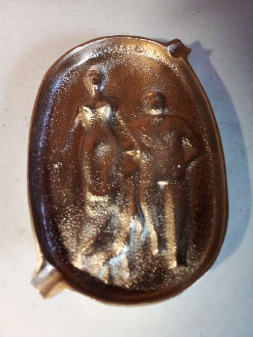 1940s French Brass Type Ashtray with Naughty Raised Images