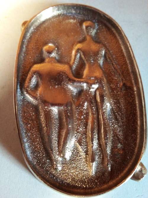 1940s French Brass Type Ashtray with Naughty Raised Images