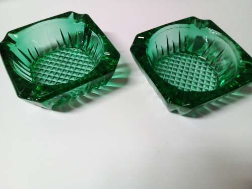 Pair of Vintage Solid Green Cutglass Ashtrays