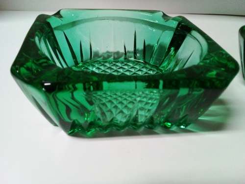 Pair of Vintage Solid Green Cutglass Ashtrays