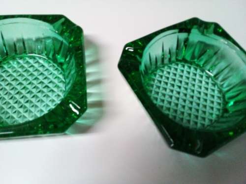 Pair of Vintage Solid Green Cutglass Ashtrays