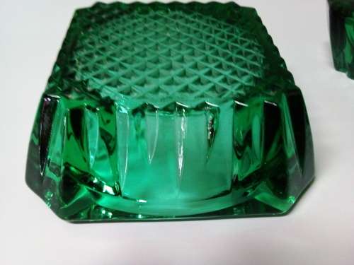 Pair of Vintage Solid Green Cutglass Ashtrays