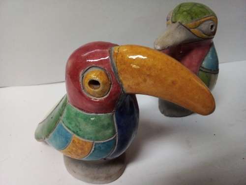 Two Raku Glazed Pottery Bird Ornaments