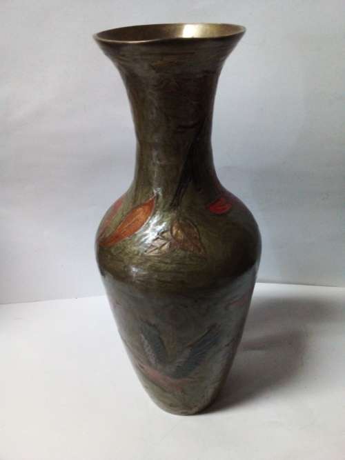 Enamel Decorated Brass Vase