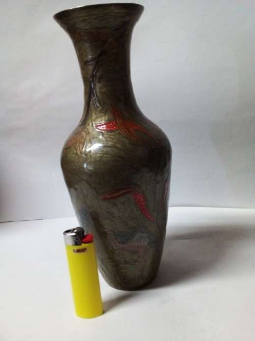 Enamel Decorated Brass Vase