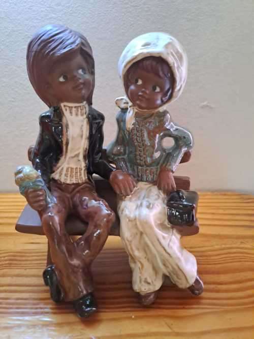 Partial Glazed Clay Boy & Girl Figurine
