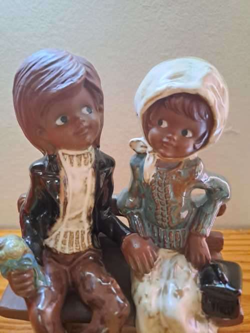 Partial Glazed Clay Boy & Girl Figurine