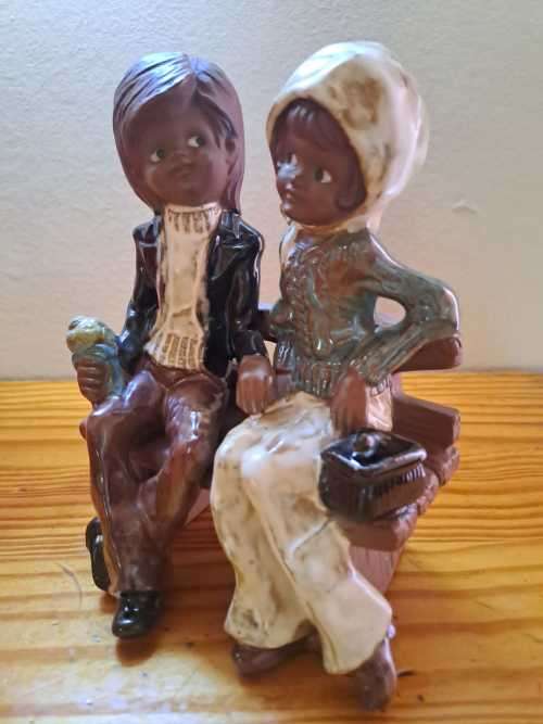 Partial Glazed Clay Boy & Girl Figurine
