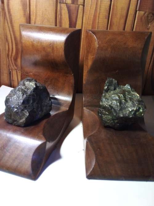 Vintage Pair of Solid & Heavy Wooden Bookends with Mineral Rocks