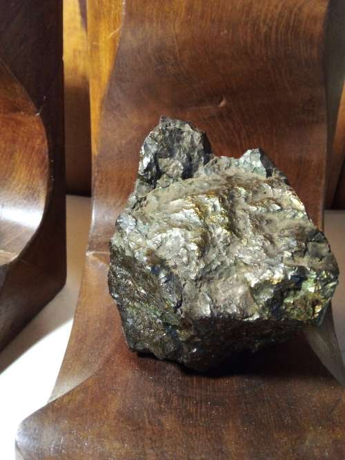 Vintage Pair of Solid & Heavy Wooden Bookends with Mineral Rocks