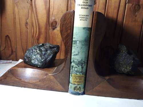 Vintage Pair of Solid & Heavy Wooden Bookends with Mineral Rocks