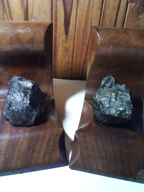 Vintage Pair of Solid & Heavy Wooden Bookends with Mineral Rocks