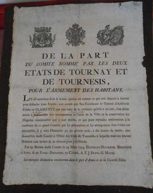 RARE Tournai/Belgium broadside Dated 1794 Relating to the French Revolution