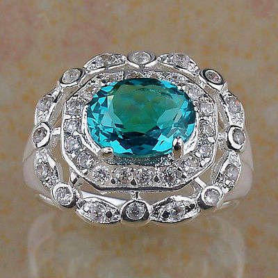 SIZE 6.5 FASHION JEWELRY NEW FIRE BLUE TOPAZ GEM SILVER RING