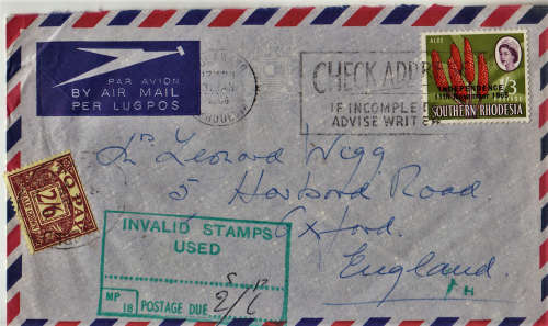 Rhodesia sealed cover to England marked Invalid stamps with UK Postage due 2/6d