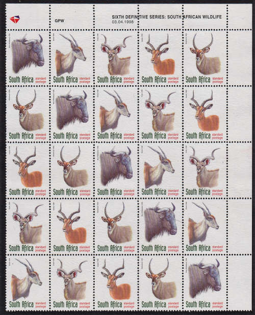 RSA MNH Part Sheet 1998 SA Wildlife as scanned  25 standard mail stamps Face value R111.50