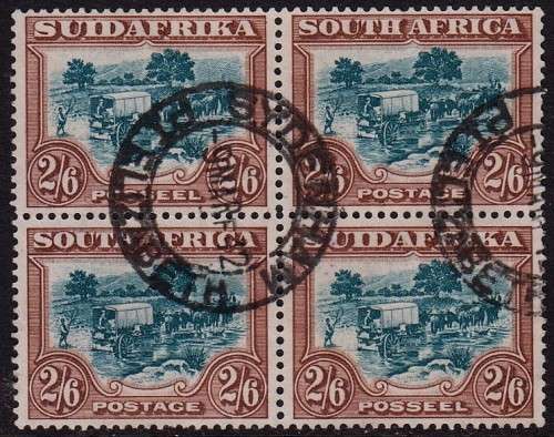 SA Union SACC 50 used block of four 2/6d cancelled  Sydenham PE 9 March  1932 cat  R2800