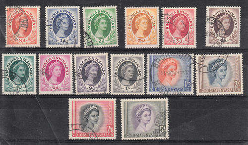Rhodesia and Nyasaland very fine  used  set 1954 QE2 definitive issue with coils