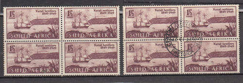 Union SA Natal Settlers Hinged mint and used blocks of four both shades as describe