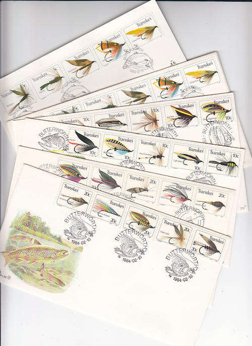 Transkei five Fishing flies fist day covers for 1980 to 1984 with 1980 collectors sheet